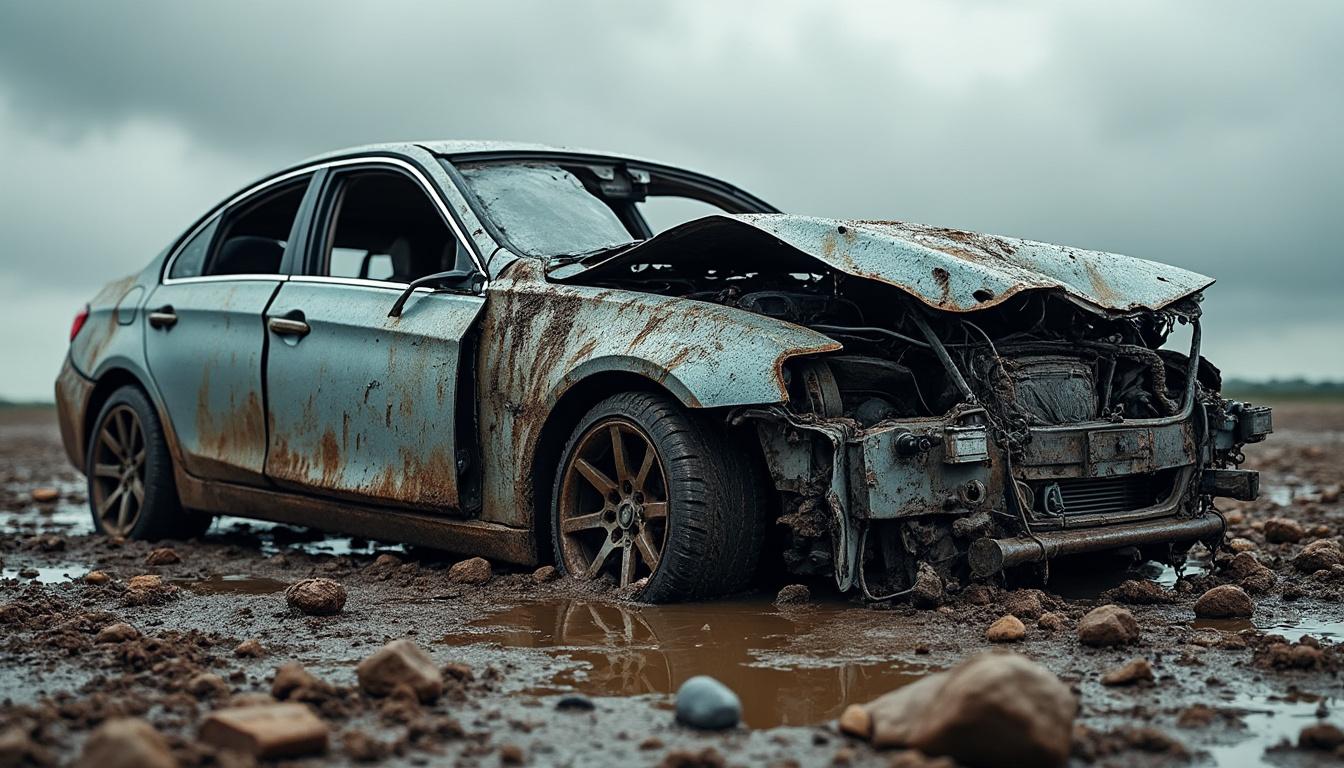 découvrez l'incroyable histoire d'une voiture au b.c. retirée de la route, ressemblant à un véhicule déchiqueté par le monstre mécanique robosaurus.