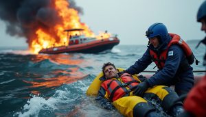 au large de cherbourg, un homme raconte comment il a sauté à l’eau pour échapper à son bateau en flammes et être secouru.